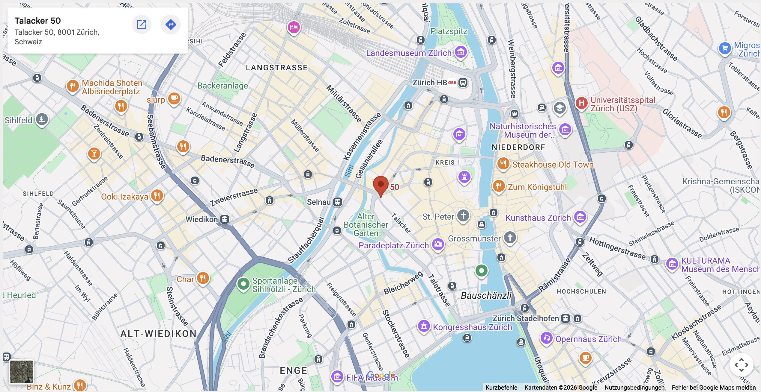 Anfahrtskarte zum Talacker 50, 8001 Zürich
